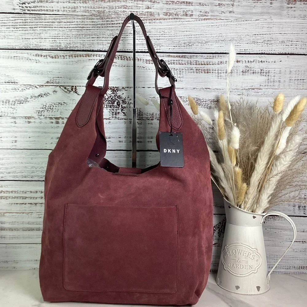 DKNY WES COLLECTION STUDDED BOHO SUEDE BAG OXBORD‎ SHOULDER HOBO PURS…